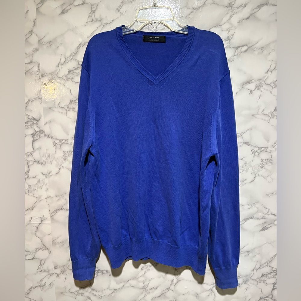 Zara Man Sweater Large Blue Fine Cotton V-neck Longsleeve Bulgaria